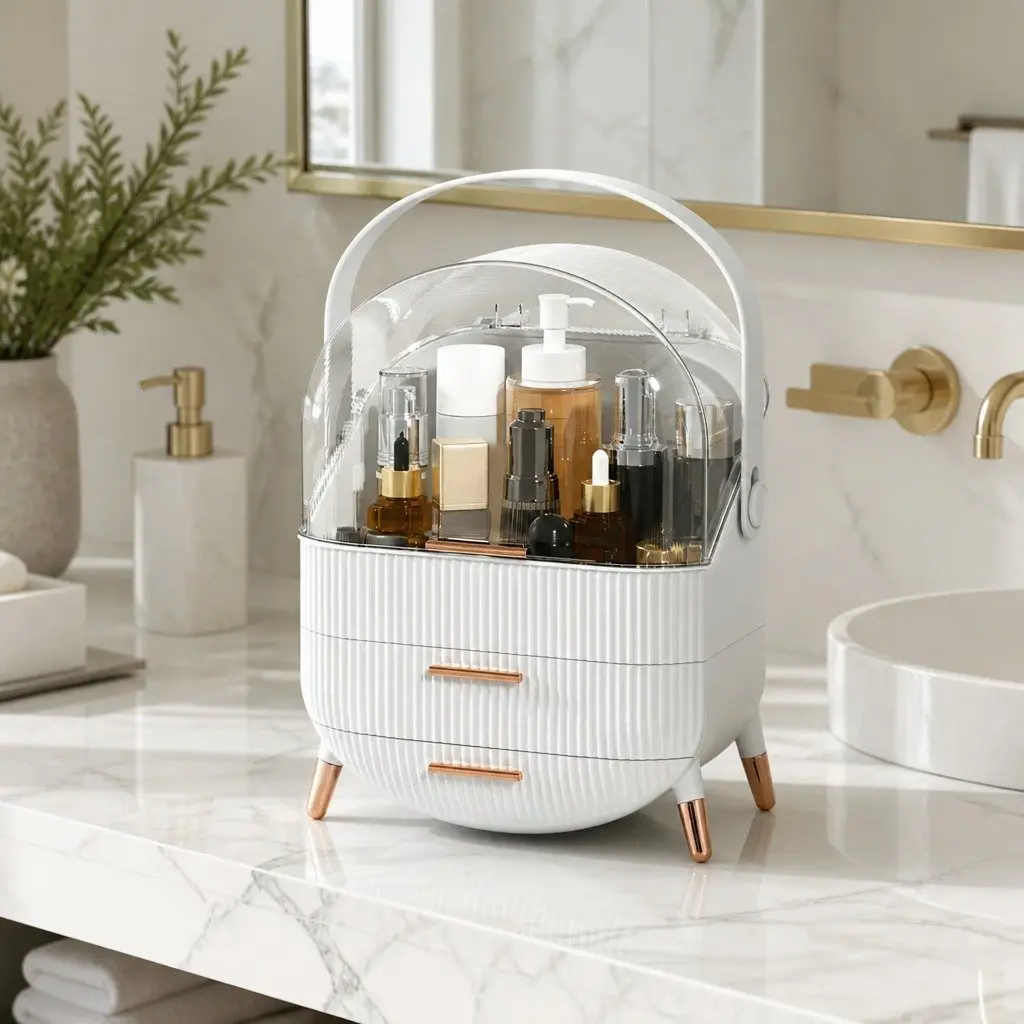 Makeup Organizer Portable Cosmetic Storage Box with Drawers 25cm x 18cm x 34.5cm White