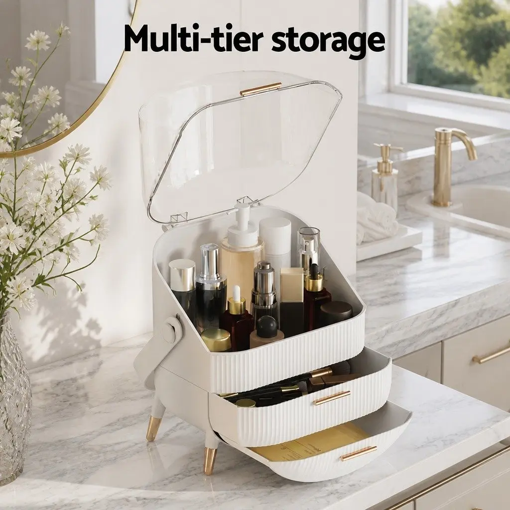 Makeup Organizer Portable Cosmetic Storage Box with Drawers 25cm x 18cm x 34.5cm White