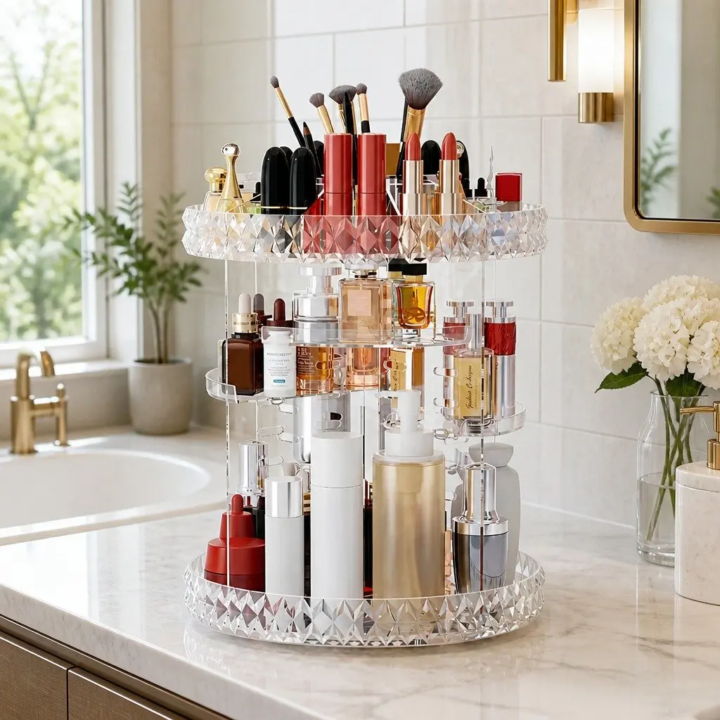 Makeup Organizer Acrylic Rotating Cosmetic Storage Display Holder 360 Degree Clear 27cm x 27cm x 32.5cm