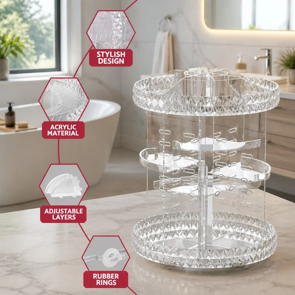 Makeup Organizer Acrylic Rotating Cosmetic Storage Display Holder 360 Degree Clear 27cm x 27cm x 32.5cm