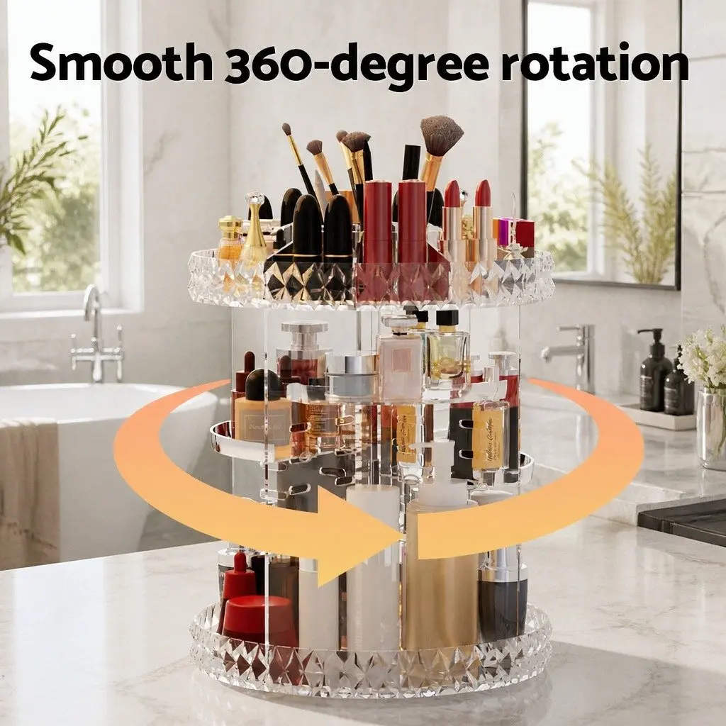 Makeup Organizer Acrylic Rotating Cosmetic Storage Display Holder 360 Degree Clear 27cm x 27cm x 32.5cm