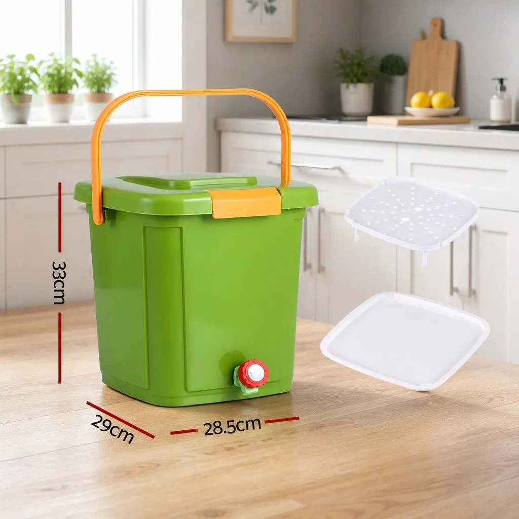 Kitchen Compost Caddy 15L Food Waste Bin Square Green with Drain Tap Inner Cover Carry Handle