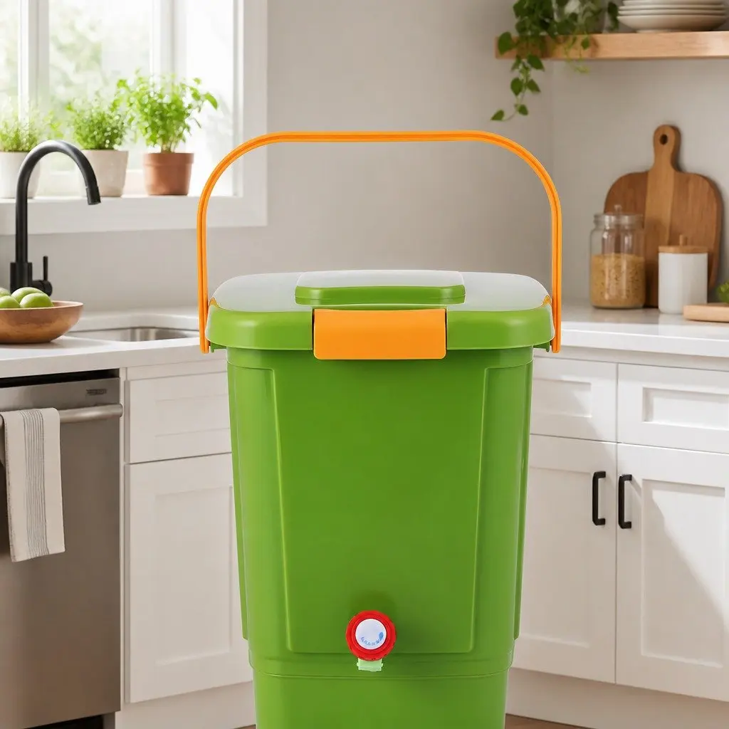 Kitchen Compost Caddy 15L Food Waste Bin Square Green with Drain Tap Inner Cover Carry Handle