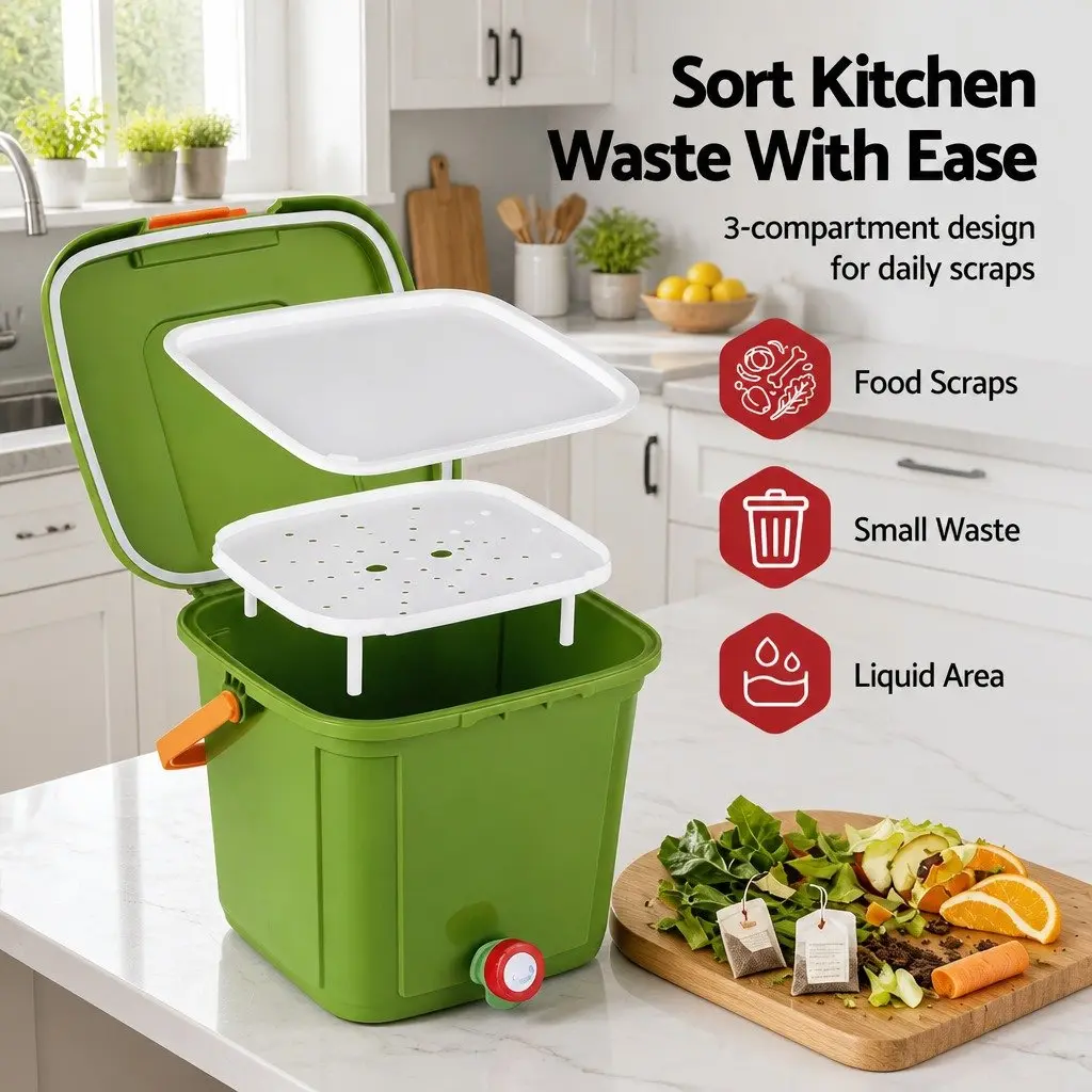 Kitchen Compost Caddy 15L Food Waste Bin Square Green with Drain Tap Inner Cover Carry Handle