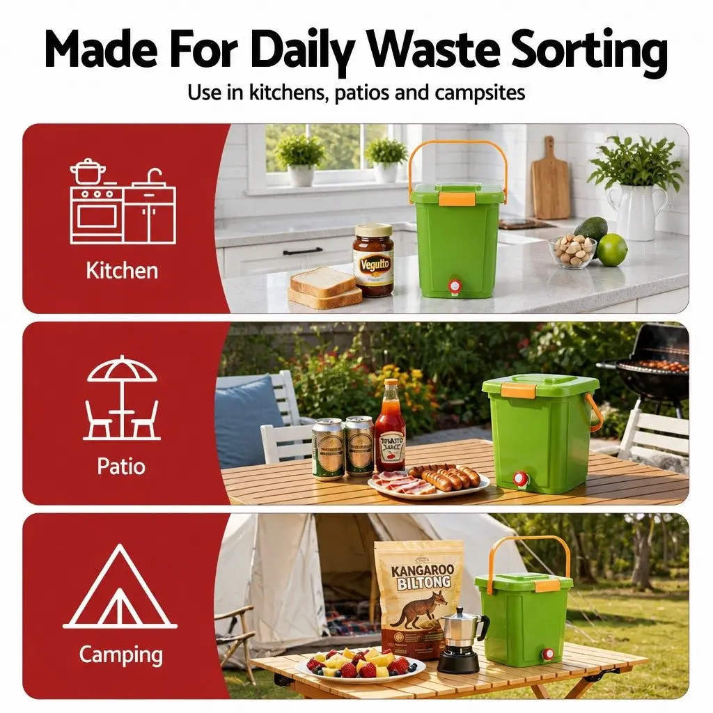 Kitchen Compost Caddy 15L Food Waste Bin Square Green with Drain Tap Inner Cover Carry Handle