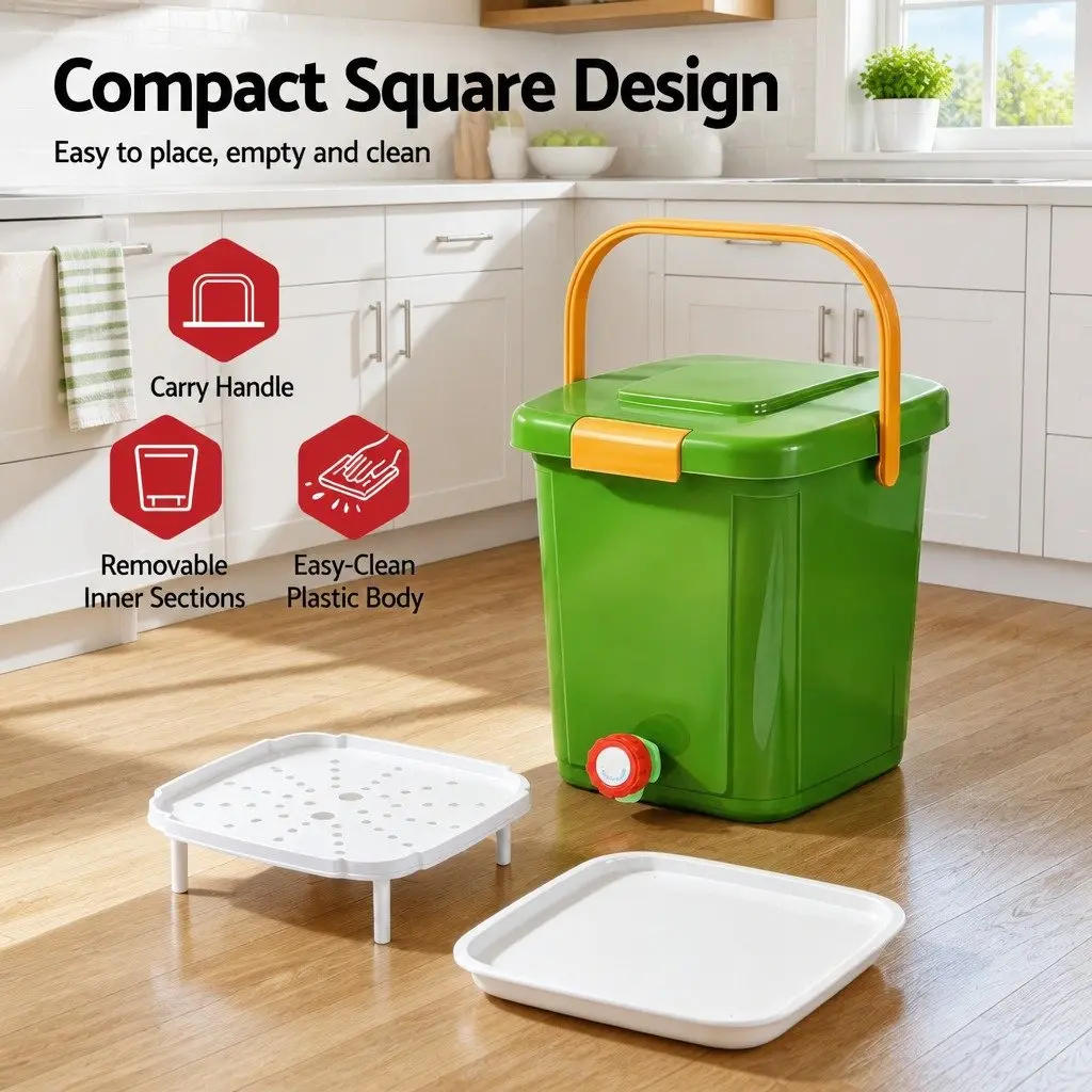 Kitchen Compost Caddy 15L Food Waste Bin Square Green with Drain Tap Inner Cover Carry Handle
