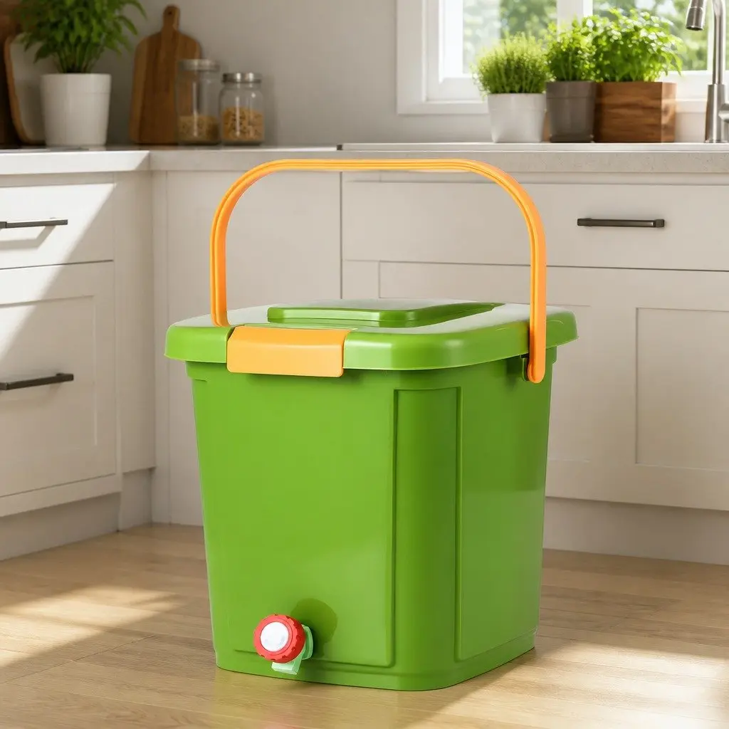 Kitchen Compost Caddy 15L Food Waste Bin Square Green with Drain Tap Inner Cover Carry Handle