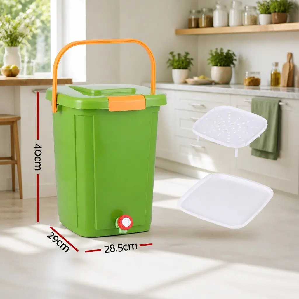 Kitchen Compost Bin 20L Food Waste Caddy Square Green with Removable Sorting Tray and Drain Tap