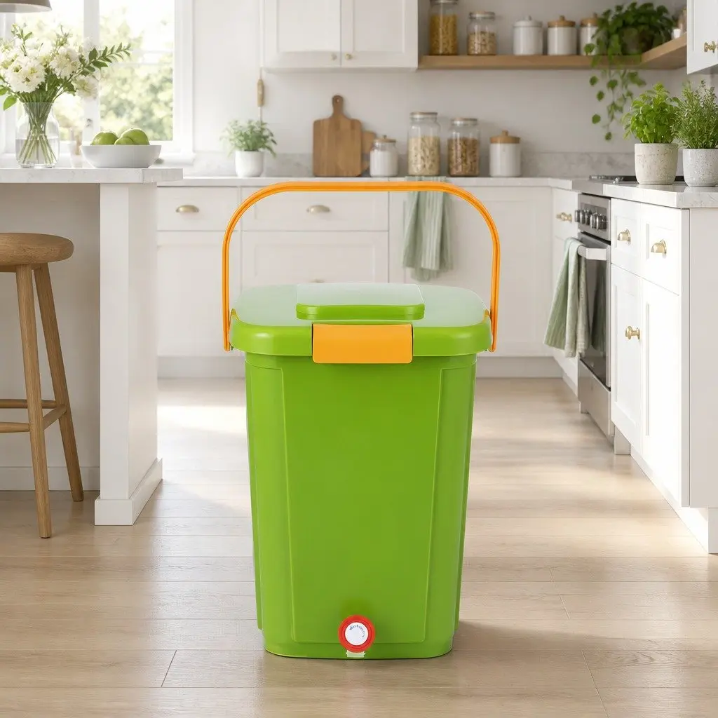 Kitchen Compost Bin 20L Food Waste Caddy Square Green with Removable Sorting Tray and Drain Tap