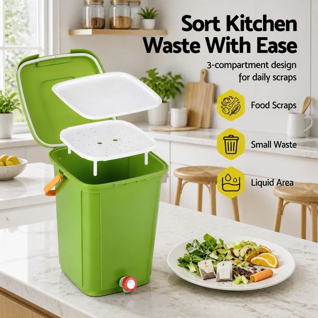 Kitchen Compost Bin 20L Food Waste Caddy Square Green with Removable Sorting Tray and Drain Tap