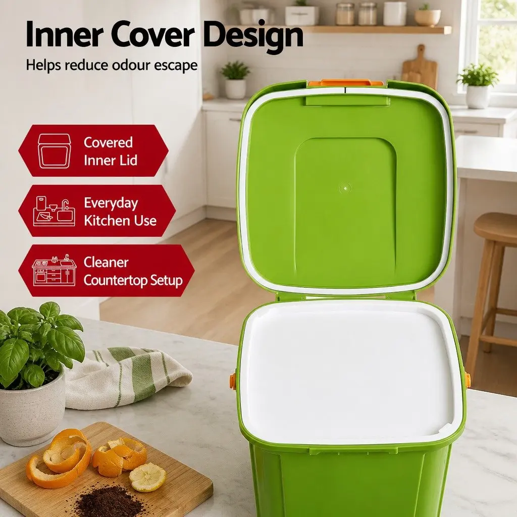 Kitchen Compost Bin 20L Food Waste Caddy Square Green with Removable Sorting Tray and Drain Tap