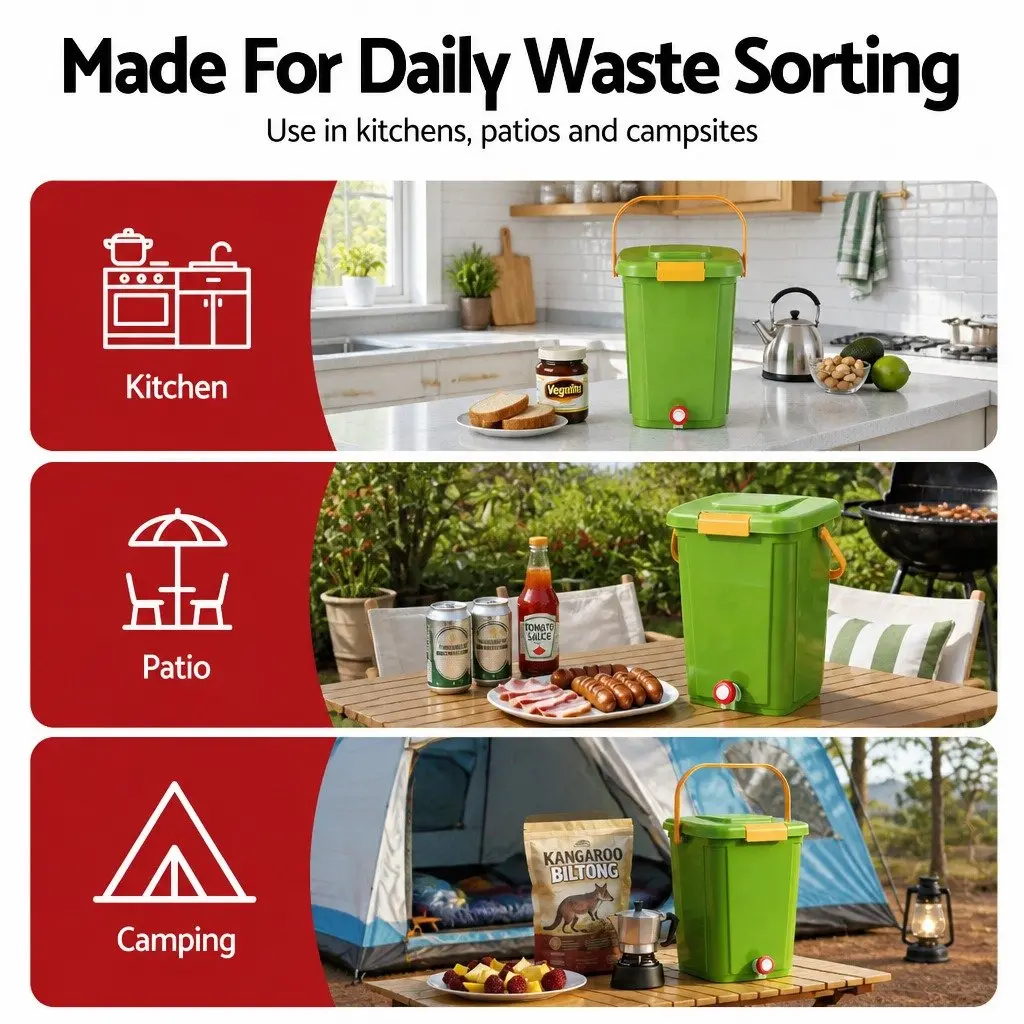 Kitchen Compost Bin 20L Food Waste Caddy Square Green with Removable Sorting Tray and Drain Tap