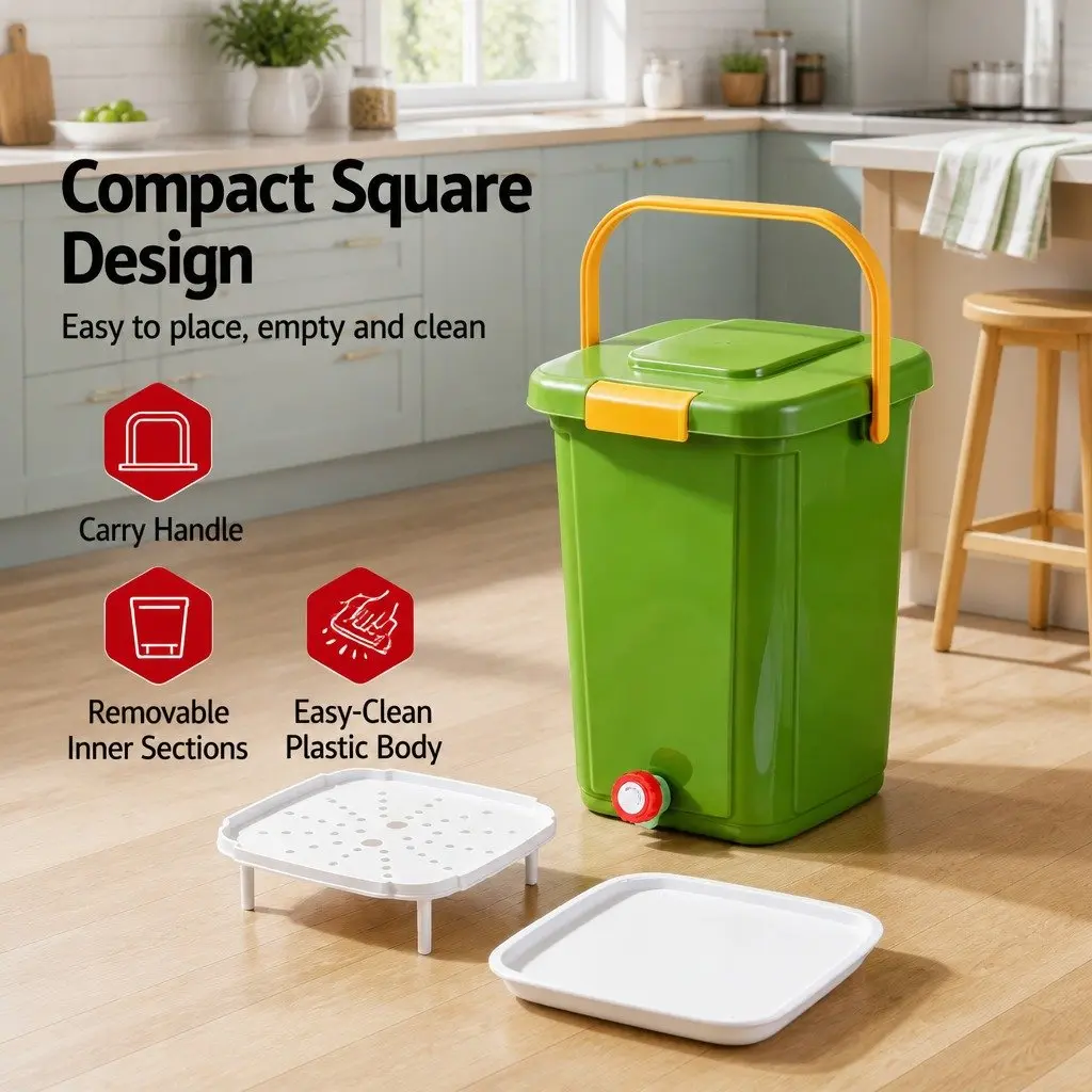 Kitchen Compost Bin 20L Food Waste Caddy Square Green with Removable Sorting Tray and Drain Tap
