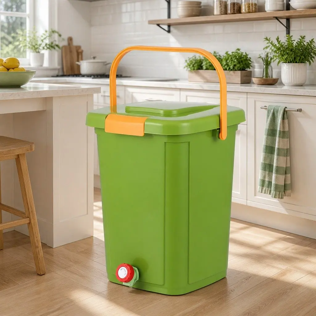 Kitchen Compost Bin 20L Food Waste Caddy Square Green with Removable Sorting Tray and Drain Tap
