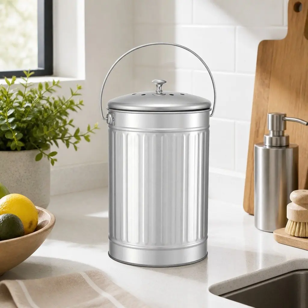 Countertop Compost Bin Food Waste Caddy 6L Stainless Steel Silver
