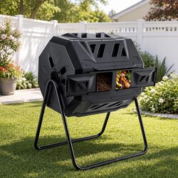 Dual-Chamber Compost Bin Tumbler 160L Rotating Garden Waste Composter Black