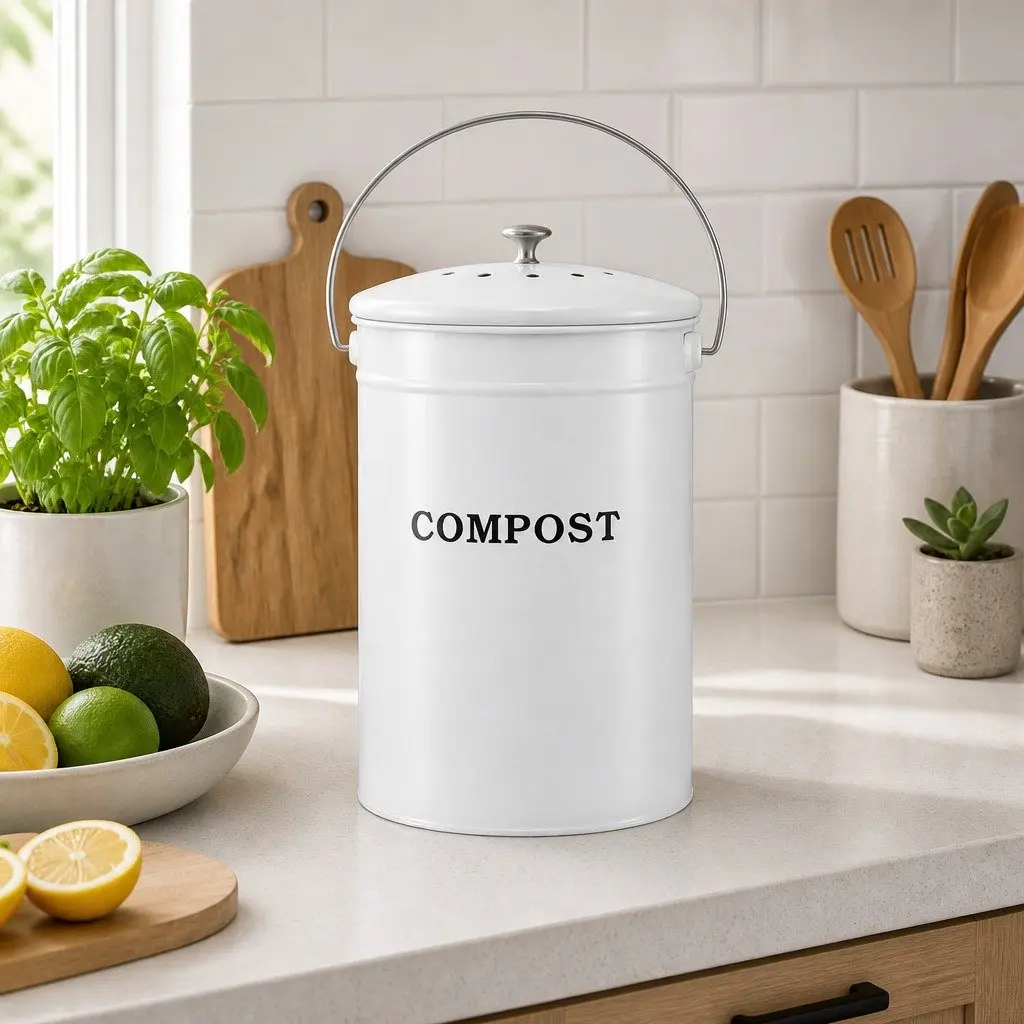 Compost Caddy Kitchen Food Waste Bin 6L Ventilated Lid White Countertop Storage