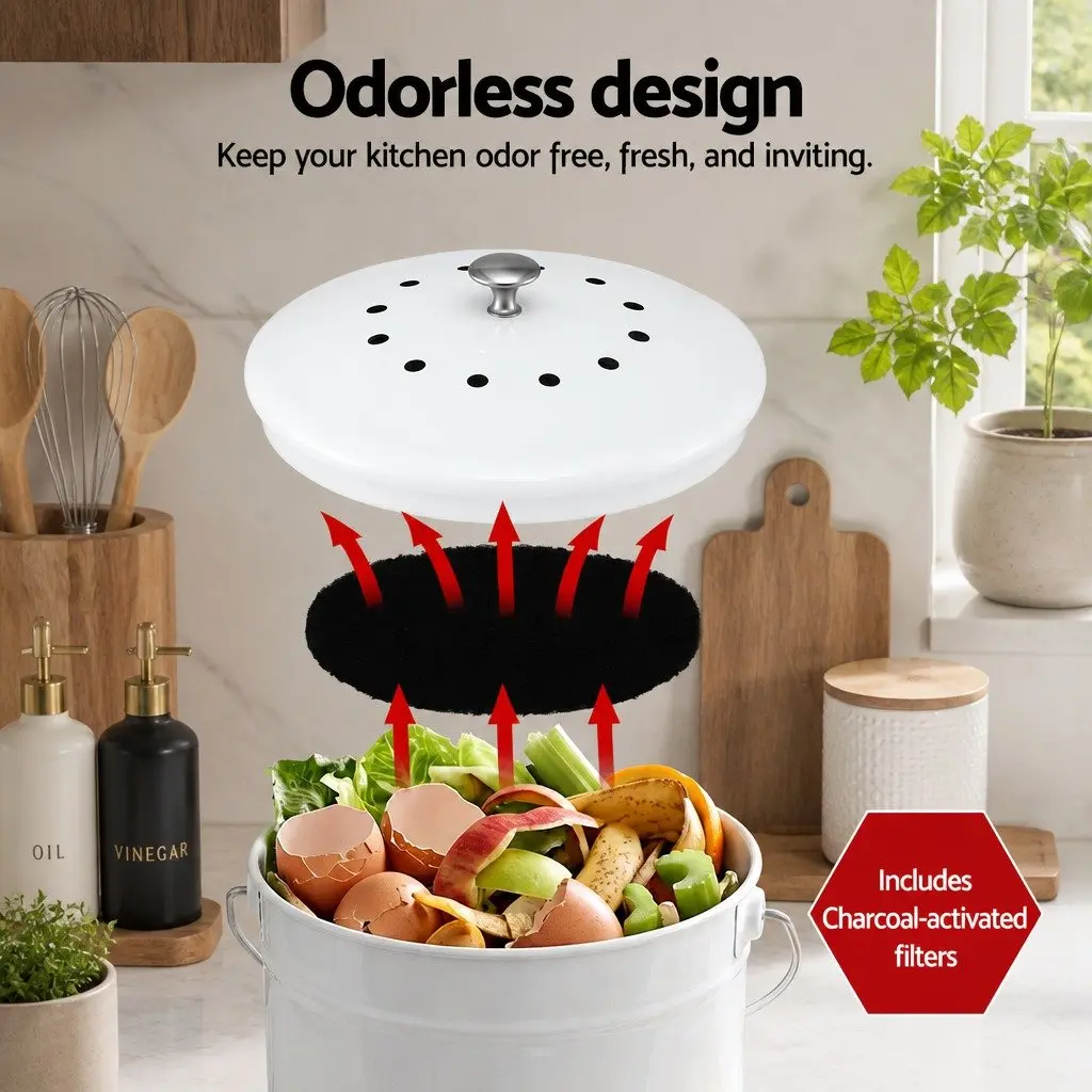 Compost Caddy Kitchen Food Waste Bin 6L Ventilated Lid White Countertop Storage