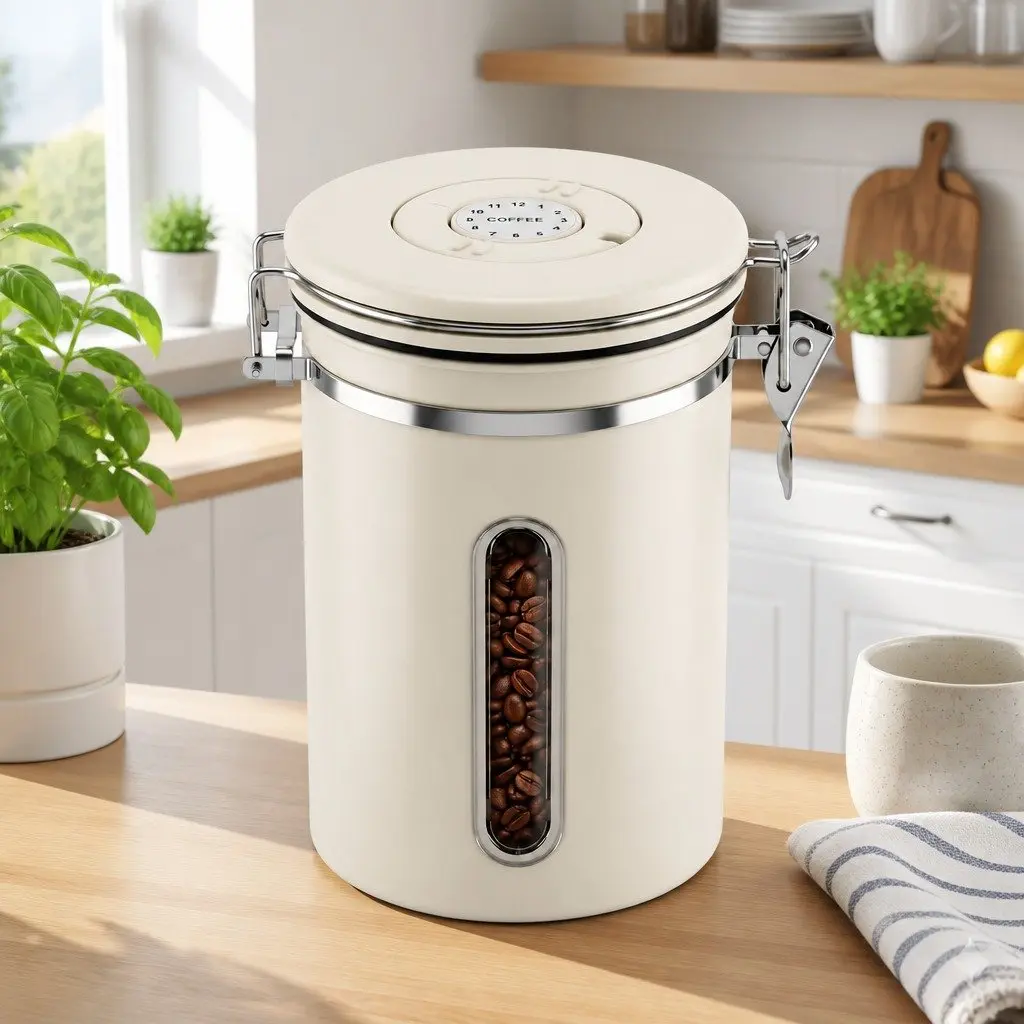 Coffee Bean Storage Container 1.8L Stainless Steel Canister Beige with Viewing Window