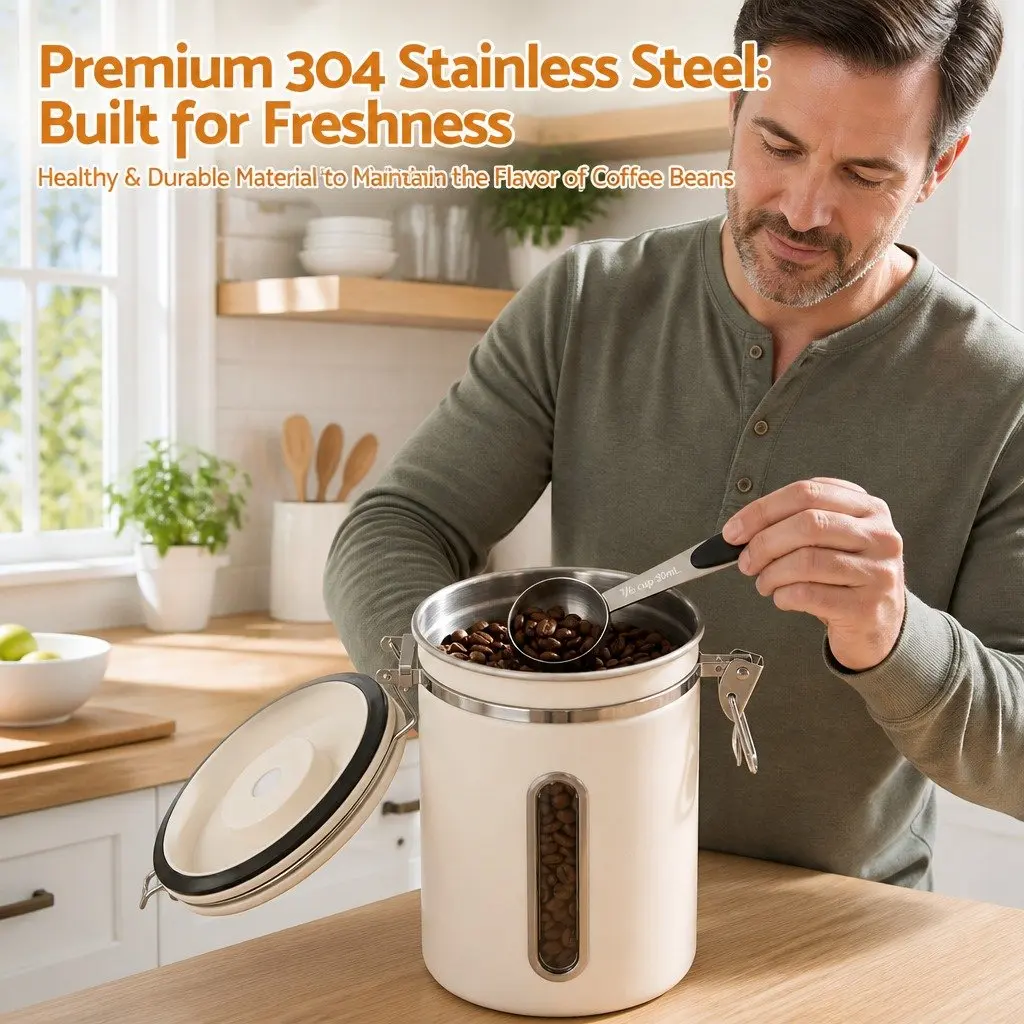 Coffee Bean Storage Container 1.8L Stainless Steel Canister Beige with Viewing Window