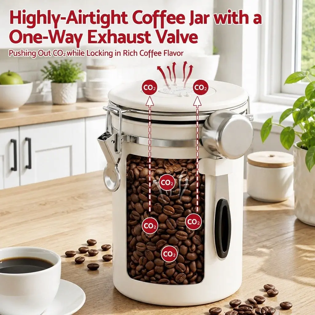 Coffee Bean Storage Container 1.8L Stainless Steel Canister Beige with Viewing Window