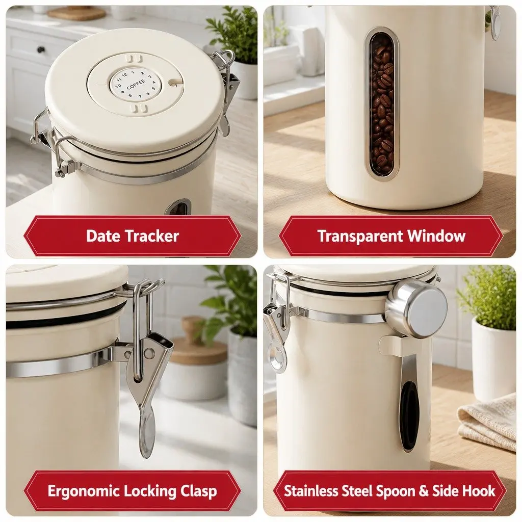 Coffee Bean Storage Container 1.8L Stainless Steel Canister Beige with Viewing Window