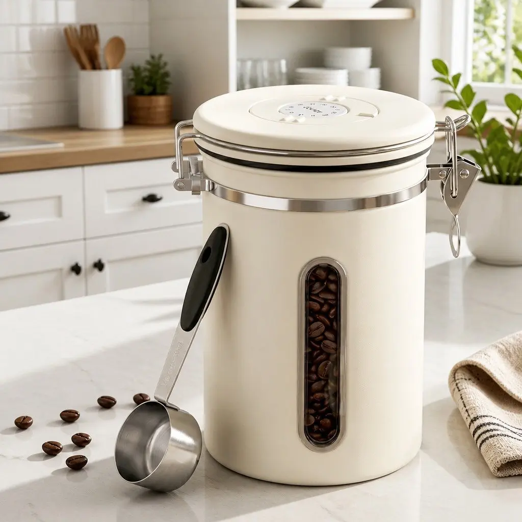 Coffee Bean Storage Container 1.8L Stainless Steel Canister Beige with Viewing Window