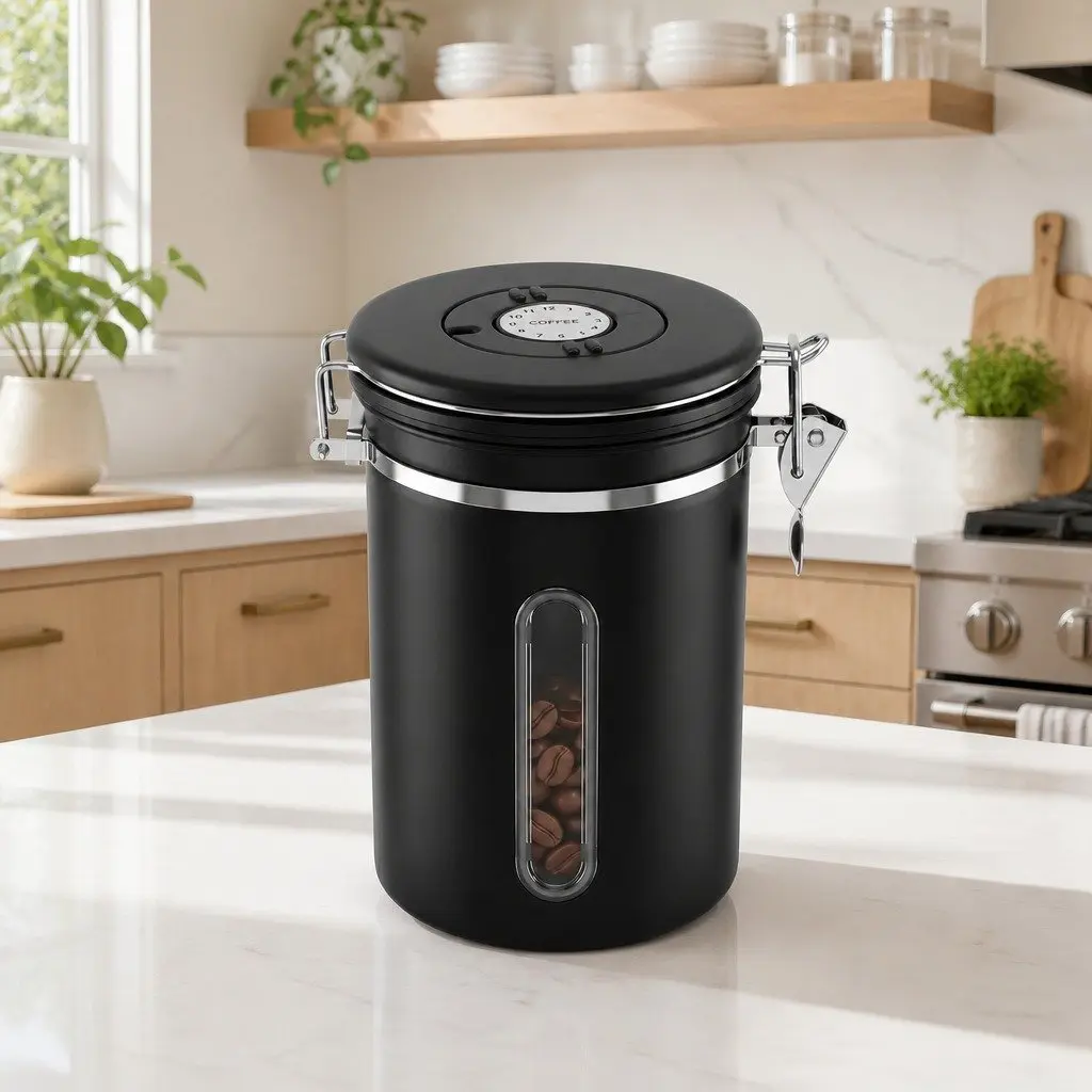 Stainless Steel Coffee Bean Storage Container 1.8L Canister with Viewing Window