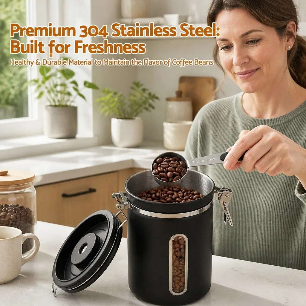 Stainless Steel Coffee Bean Storage Container 1.8L Canister with Viewing Window