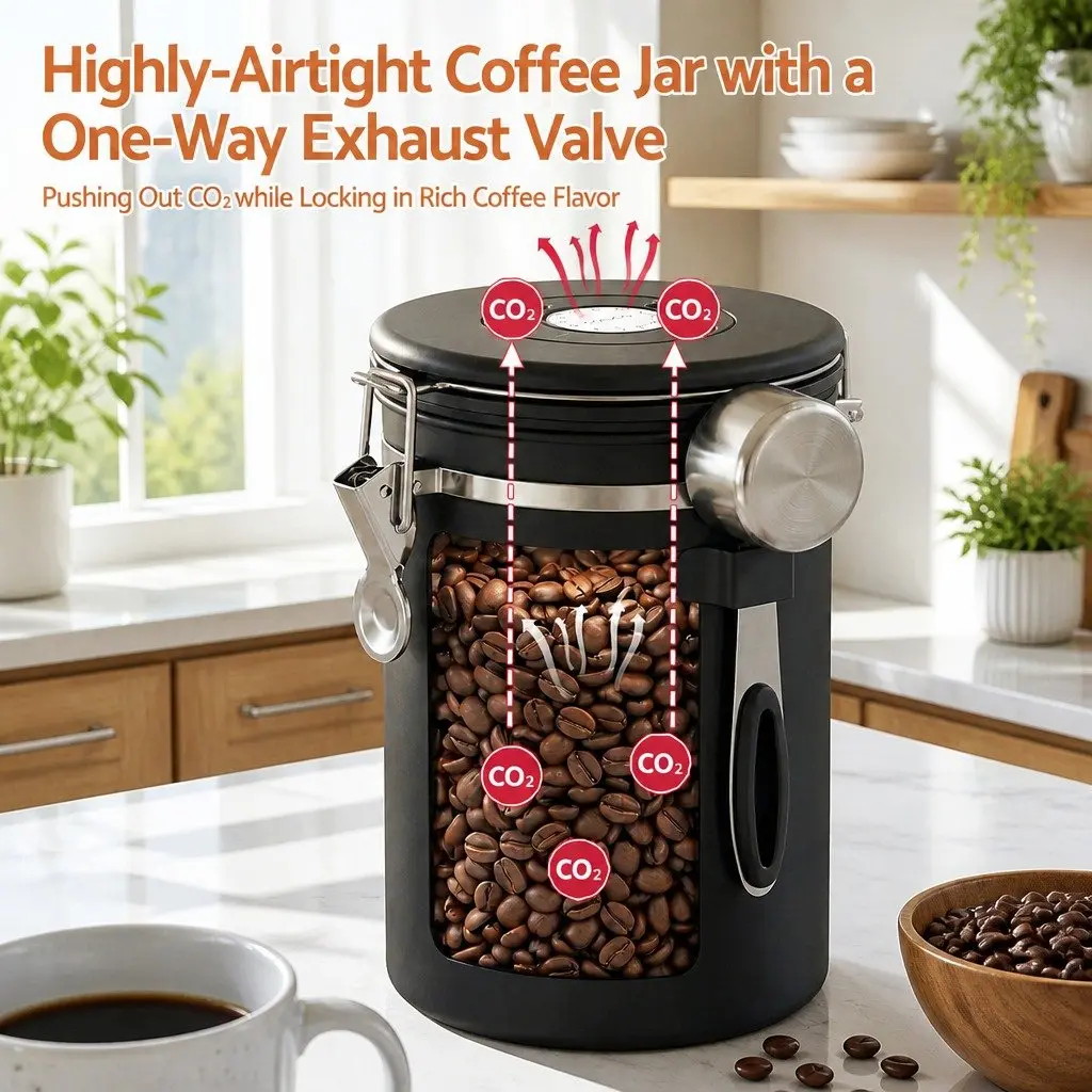 Stainless Steel Coffee Bean Storage Container 1.8L Canister with Viewing Window