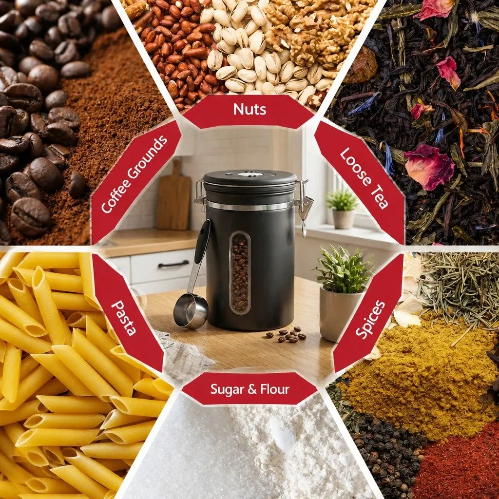 Stainless Steel Coffee Bean Storage Container 1.8L Canister with Viewing Window