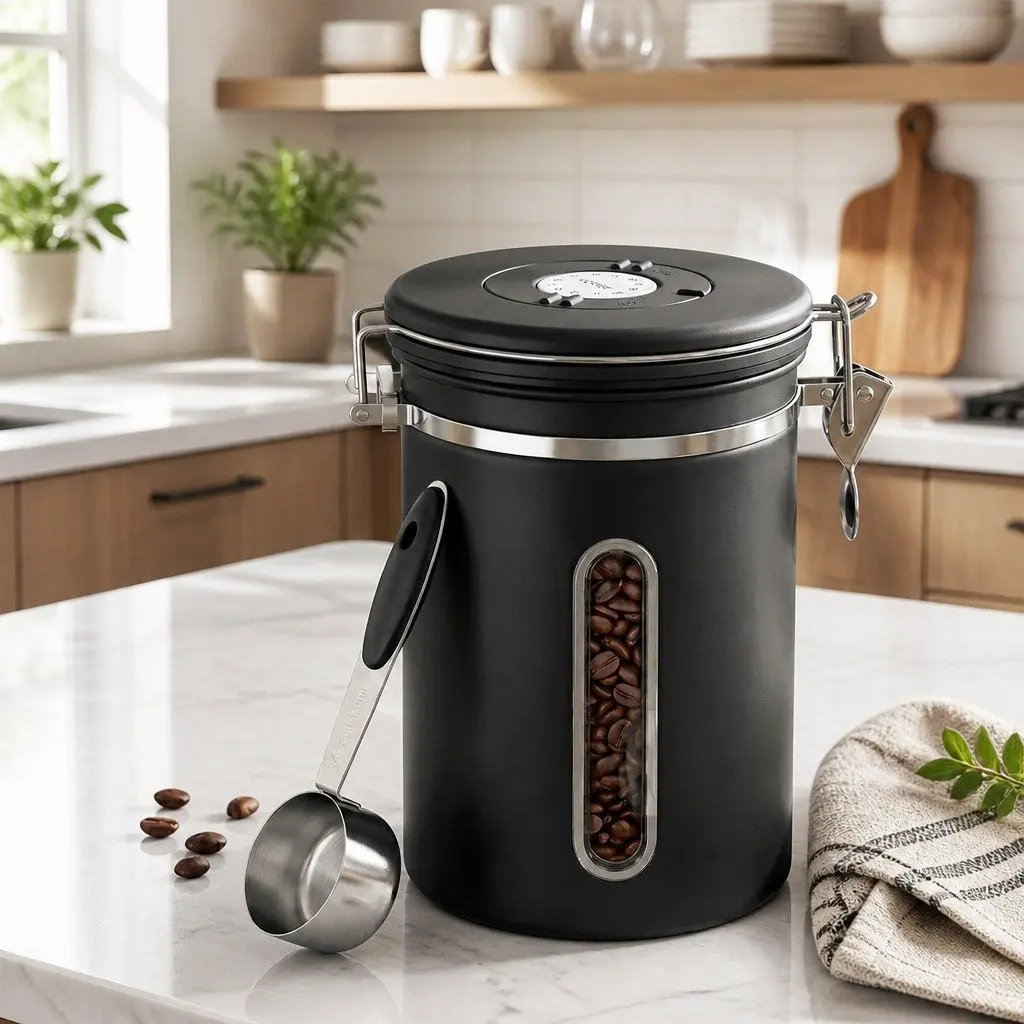 Stainless Steel Coffee Bean Storage Container 1.8L Canister with Viewing Window