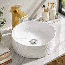 Round Ceramic Basin Vessel Sink White Countertop Bathroom Vanity Above Counter