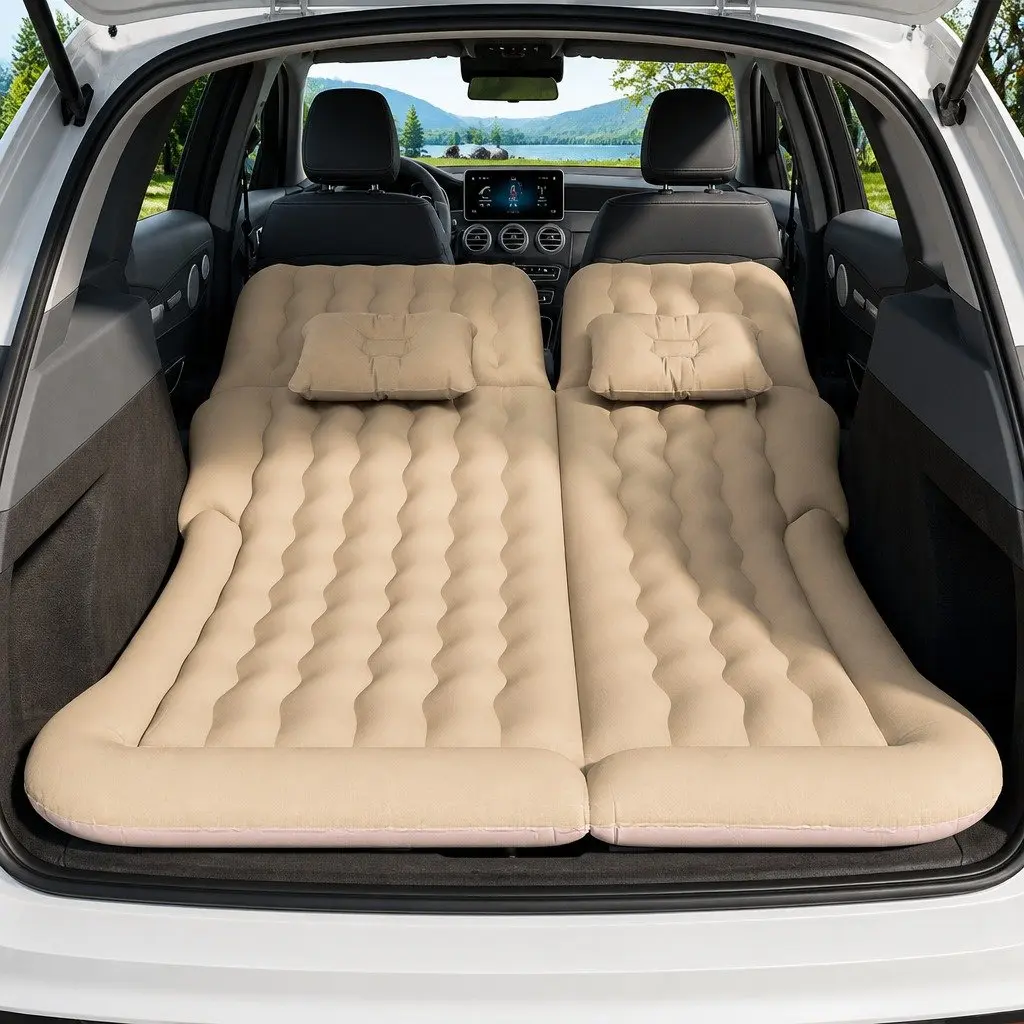 Inflatable Mattress Car Back Seat Camping Bed 175x130 Beige with Pillows and Pump