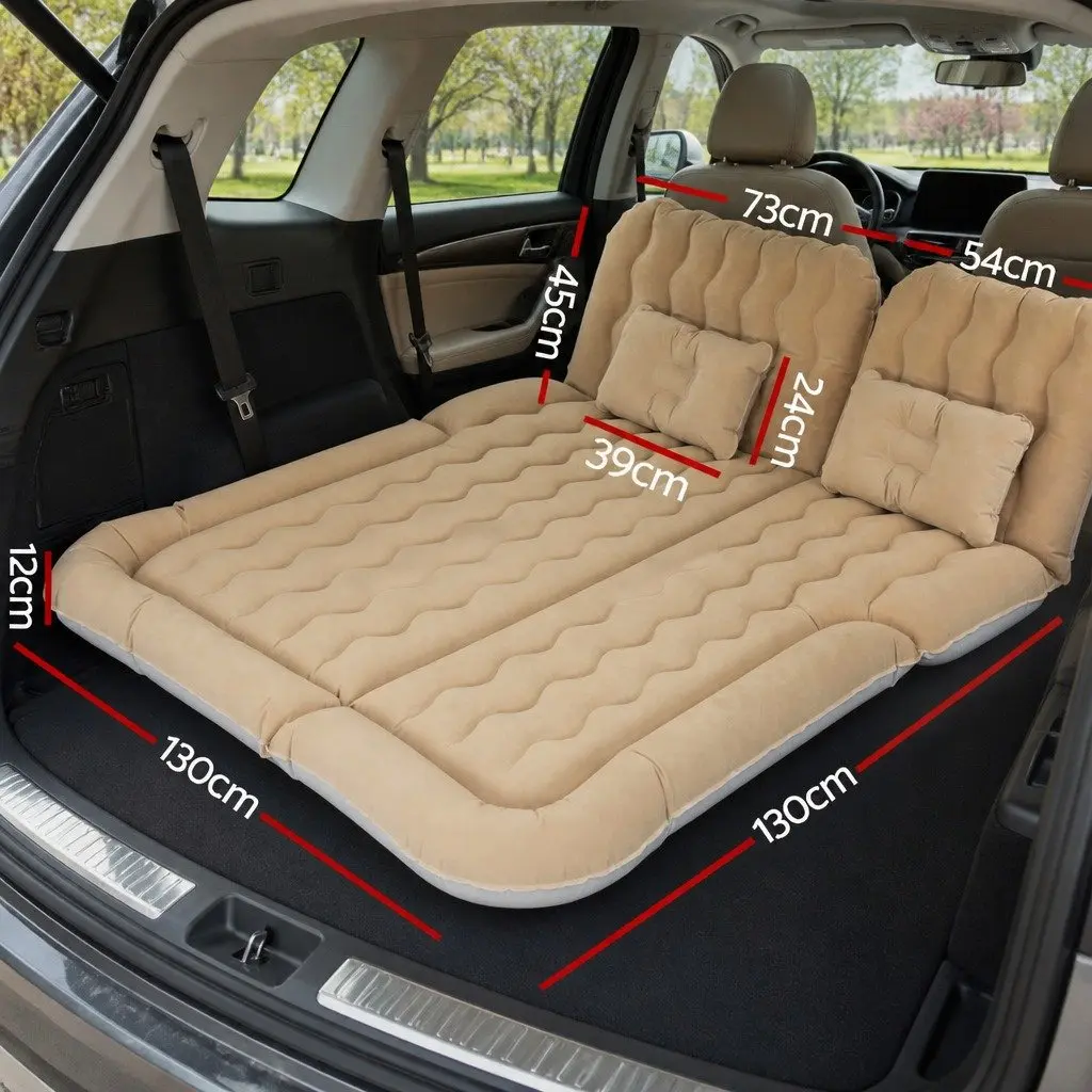 Inflatable Mattress Car Back Seat Camping Bed 175x130 Beige with Pillows and Pump