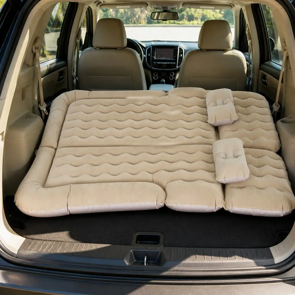 Inflatable Mattress Car Back Seat Camping Bed 175x130 Beige with Pillows and Pump