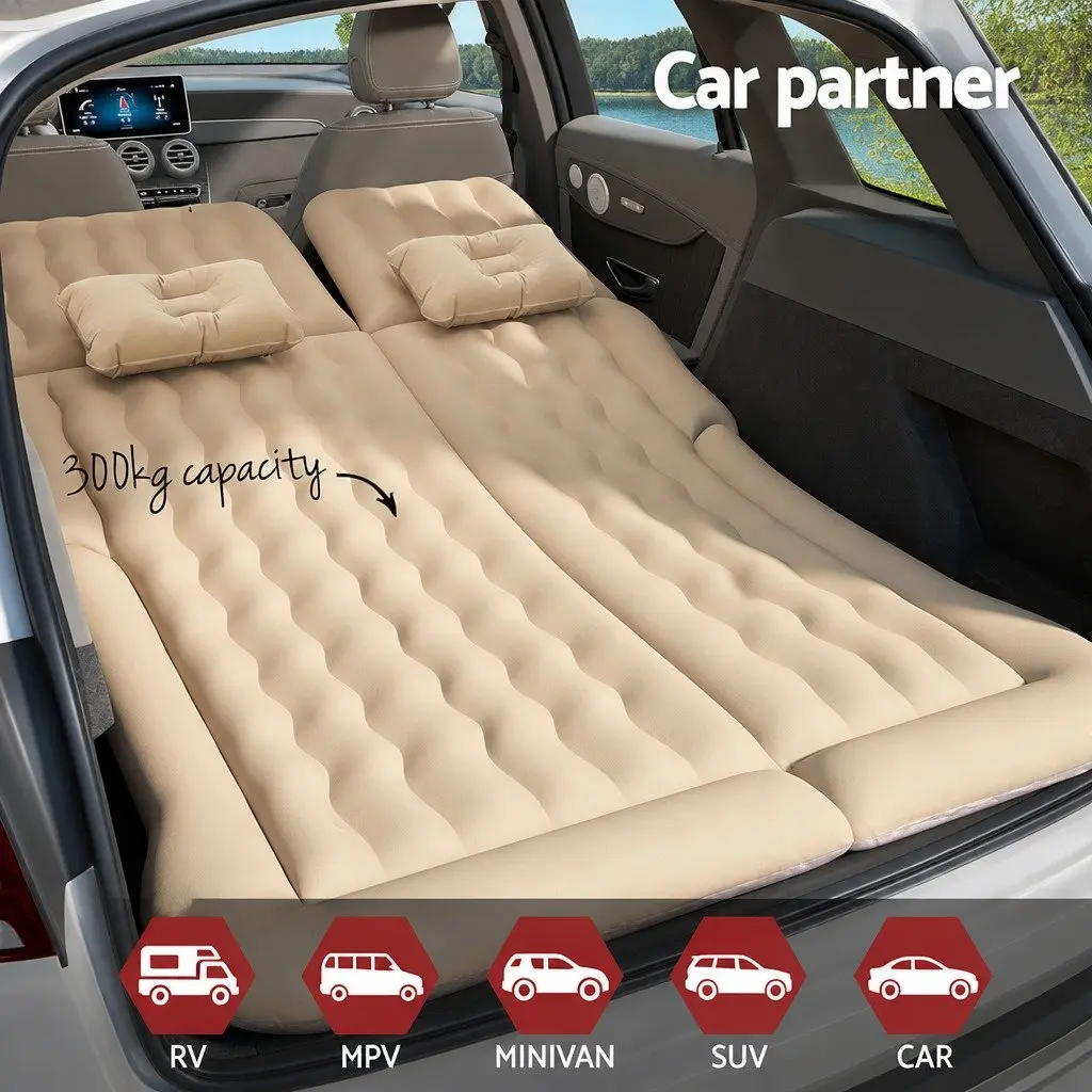 Inflatable Mattress Car Back Seat Camping Bed 175x130 Beige with Pillows and Pump