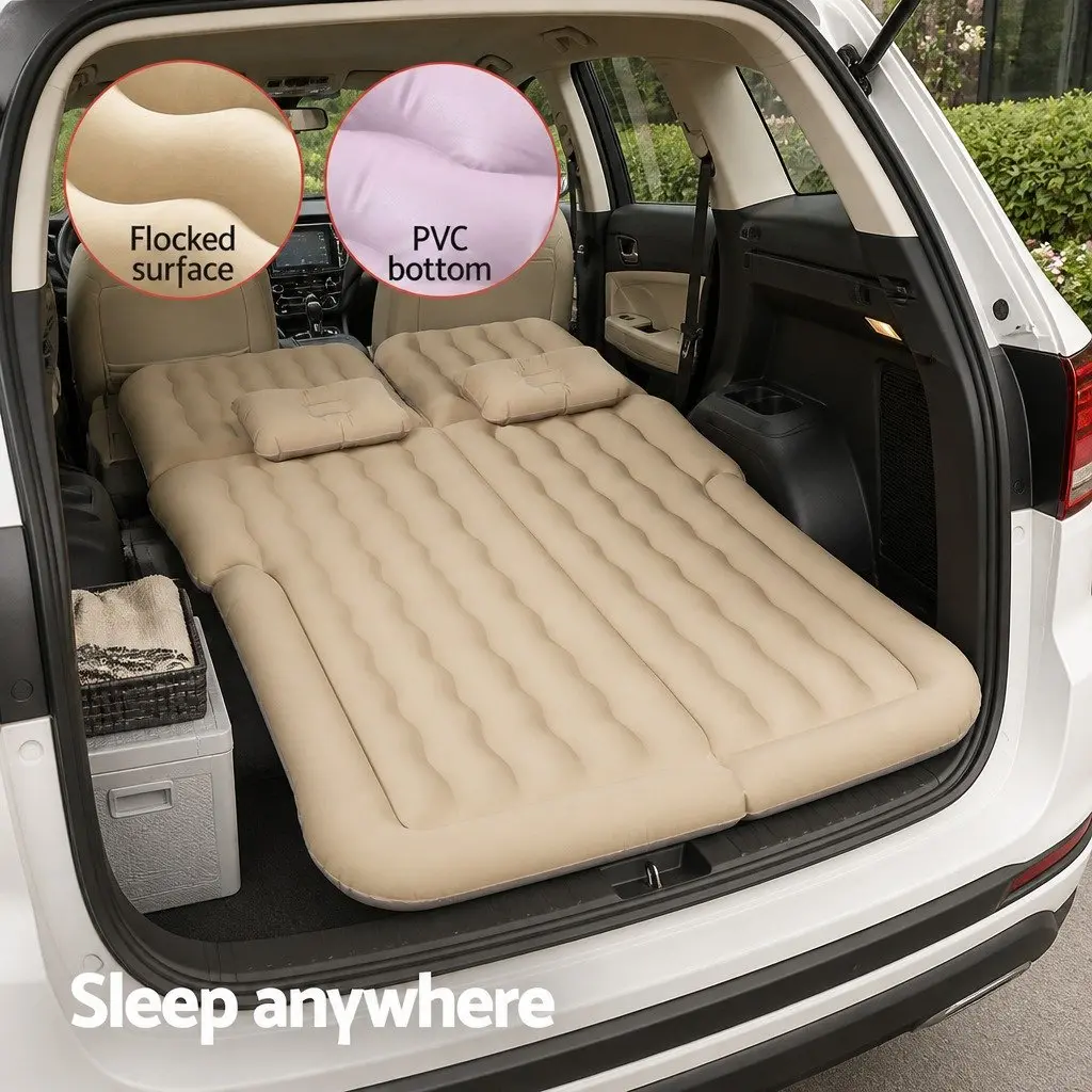 Inflatable Mattress Car Back Seat Camping Bed 175x130 Beige with Pillows and Pump