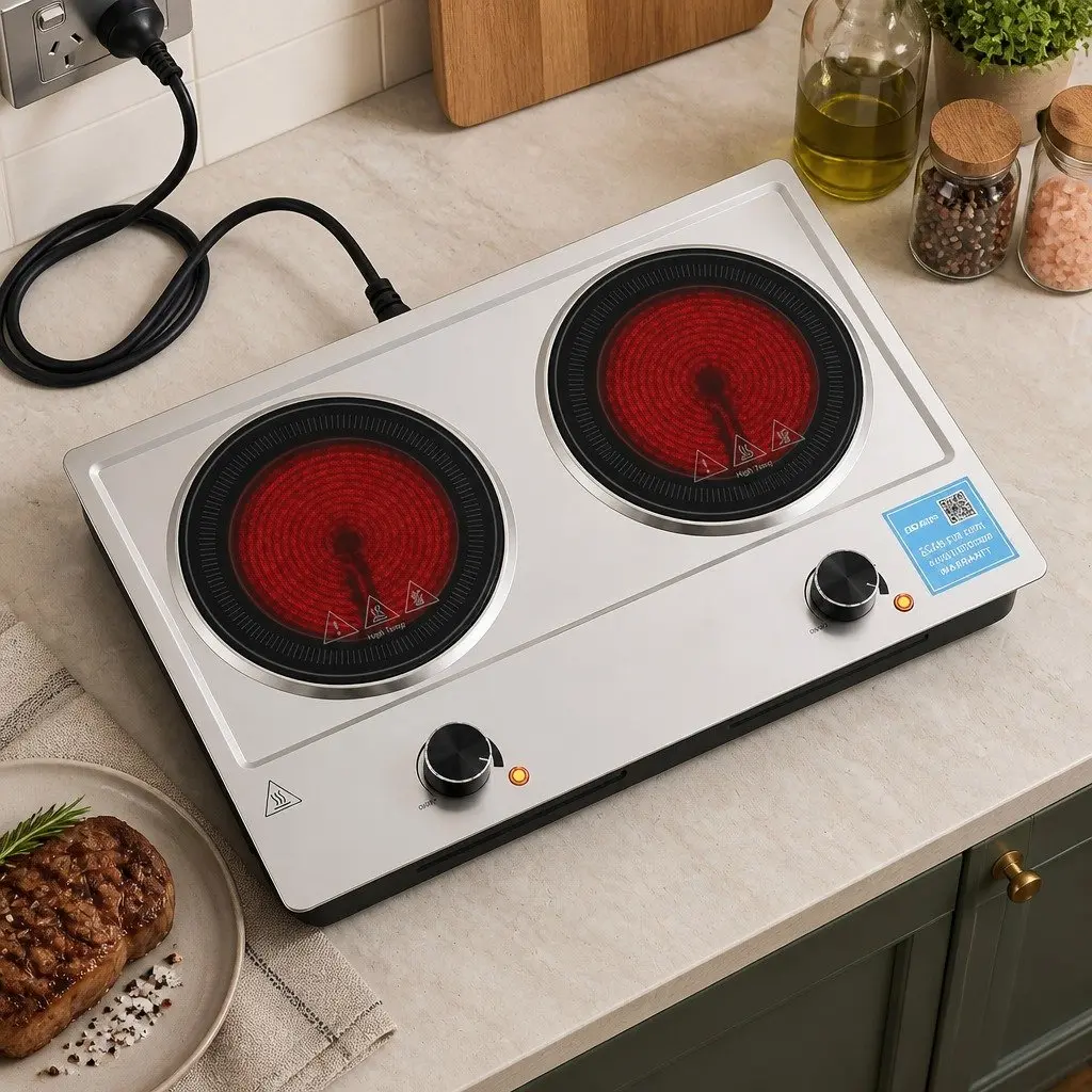 Electric Ceramic Cooktop 2 Zone Knob Control 2400W Silver