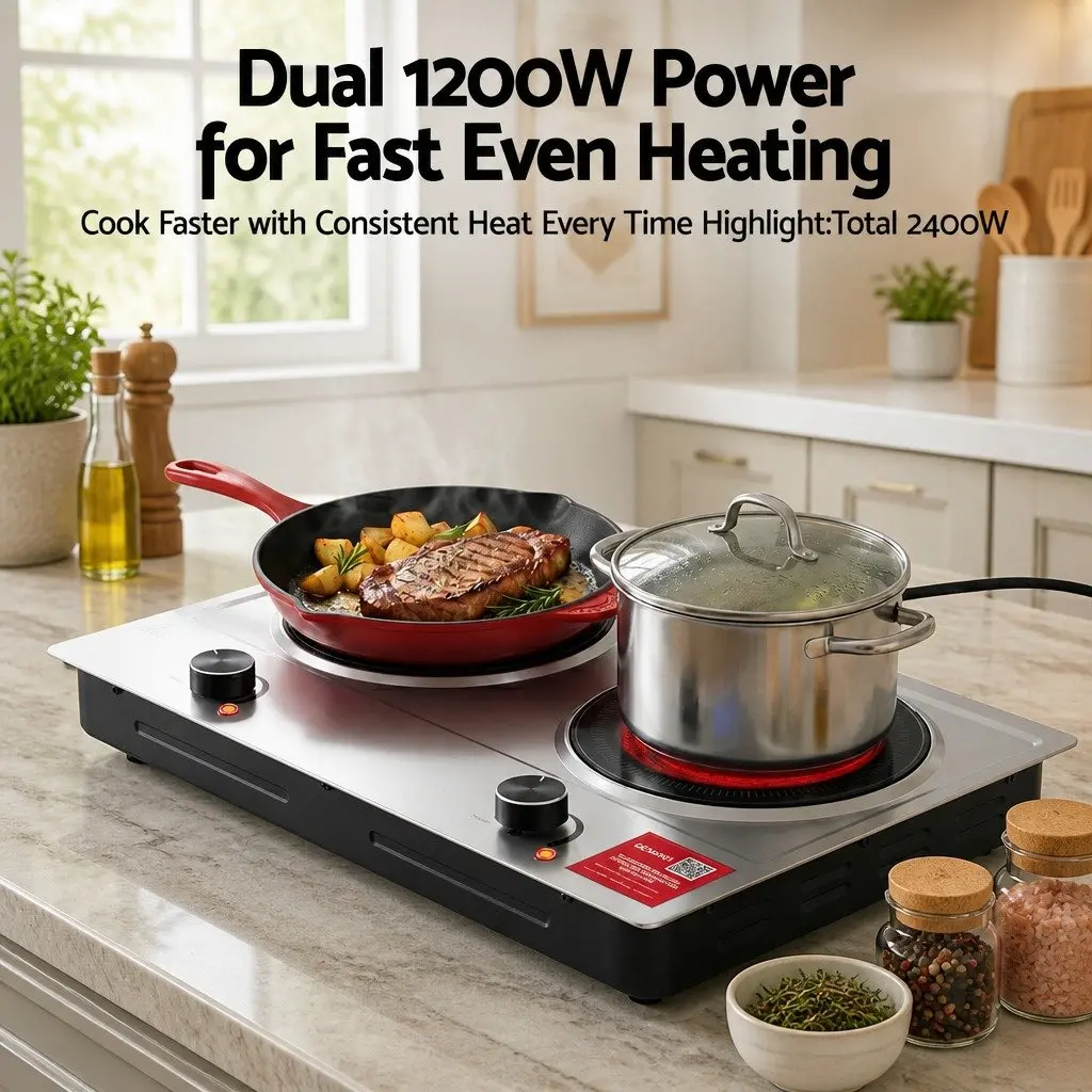 Electric Ceramic Cooktop 2 Zone Knob Control 2400W Silver