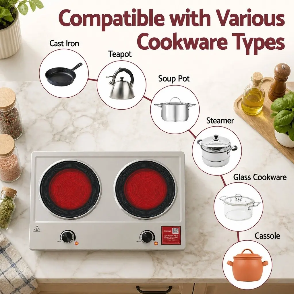 Electric Ceramic Cooktop 2 Zone Knob Control 2400W Silver