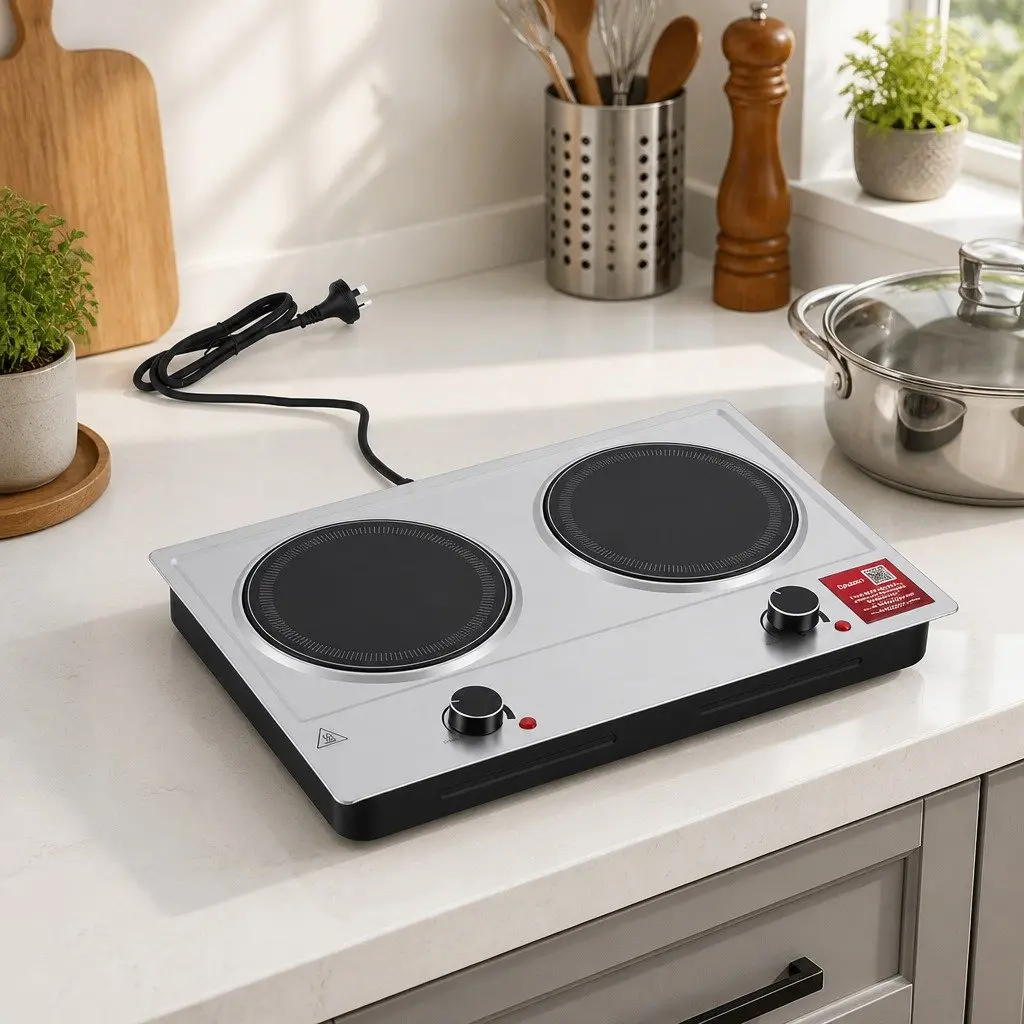 Electric Ceramic Cooktop 2 Zone Knob Control 2400W Silver