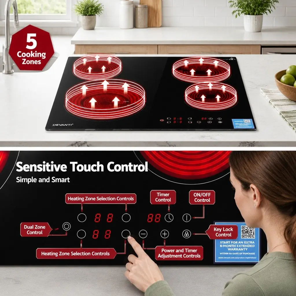 Ceramic Cooktop 5 Cooking Zone Touch Control 7600W Electric Hob Black Glass
