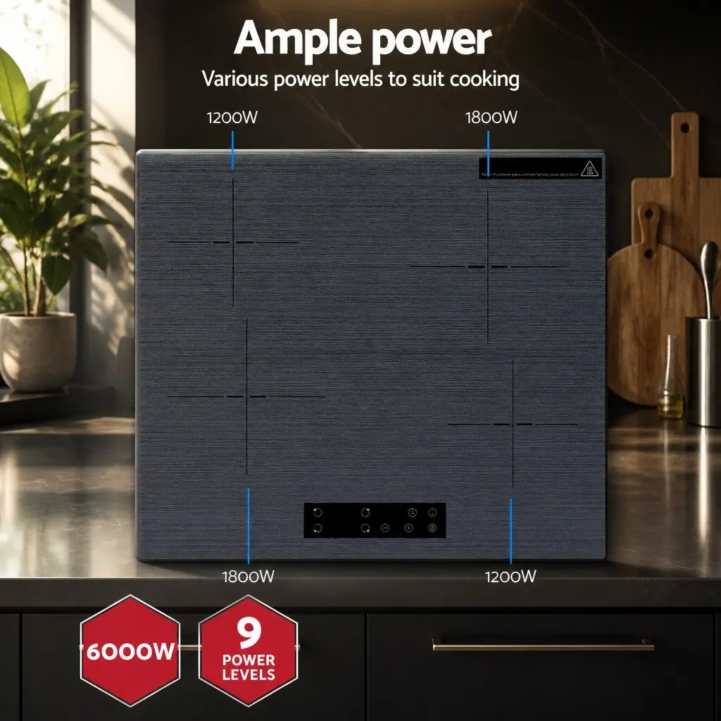 Electric Ceramic Cooktop 60cm 4 Zones Touch Control Grey Brushed Glass
