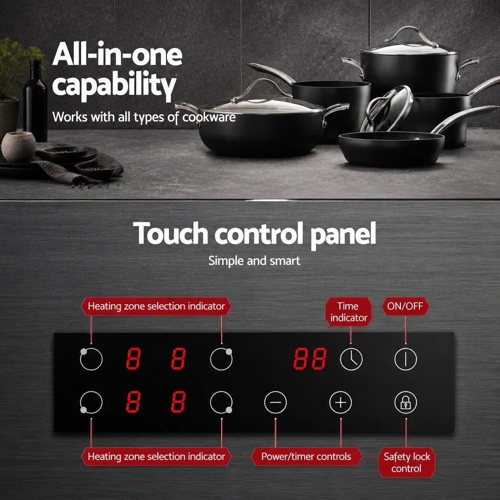 Electric Ceramic Cooktop 60cm 4 Zones Touch Control Grey Brushed Glass