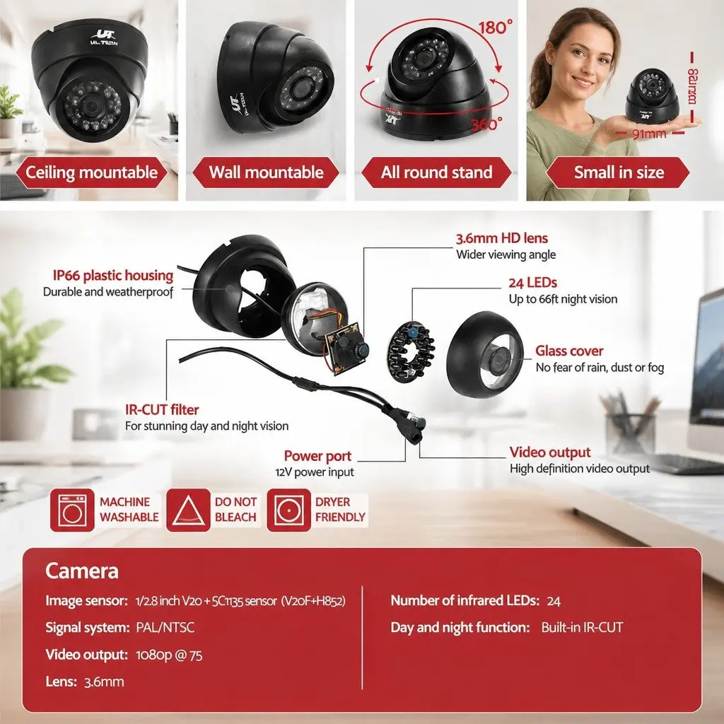 1080P Security Camera System Indoor Surveillance 4 Channel 4 Dome Cameras Black