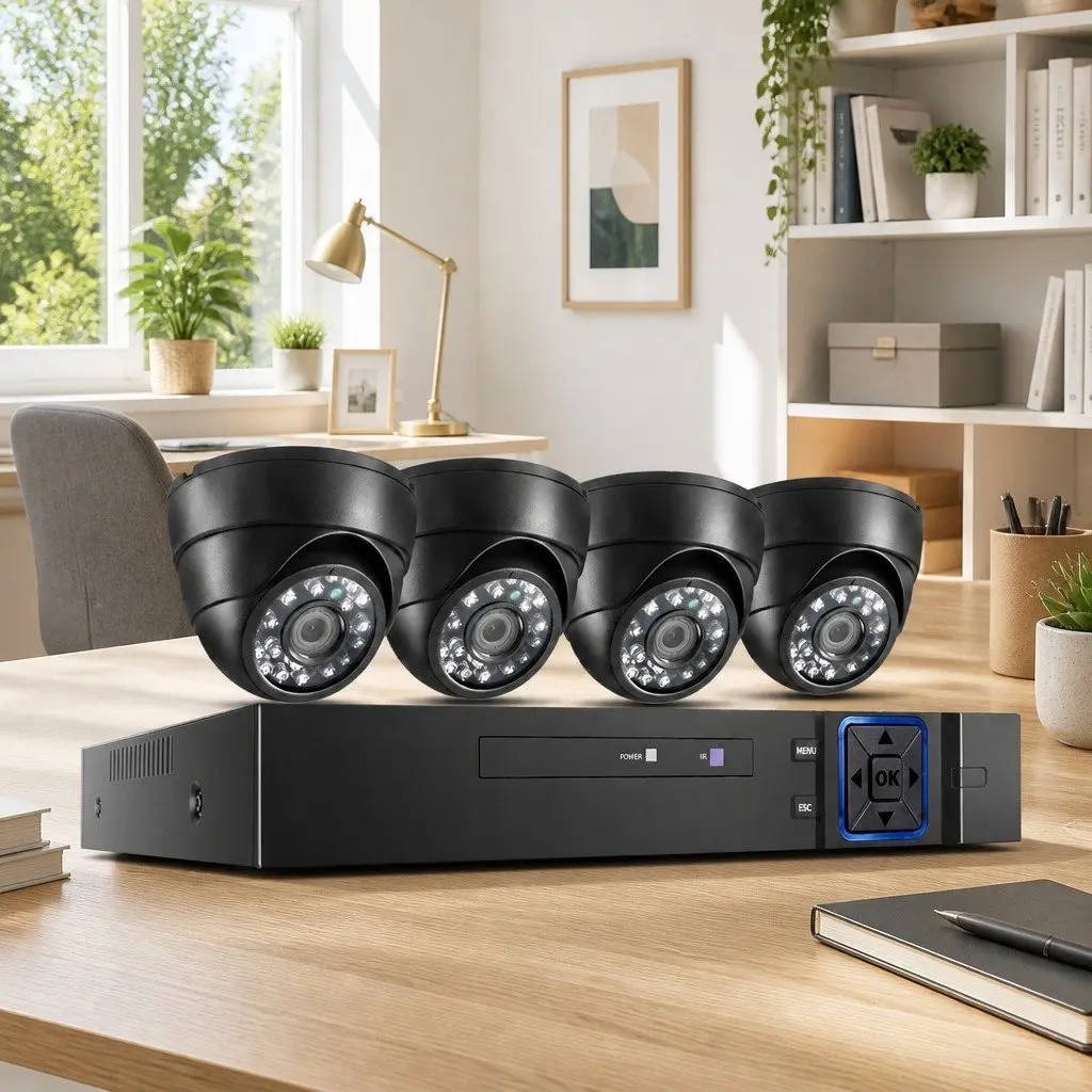 1080P Security Camera System Indoor Surveillance 4 Channel 4 Dome Cameras Black