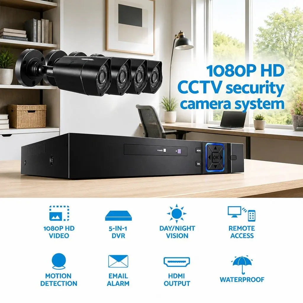 1080P Security Camera System 4CH DVR Night Vision Motion Detection 4 Cameras Black
