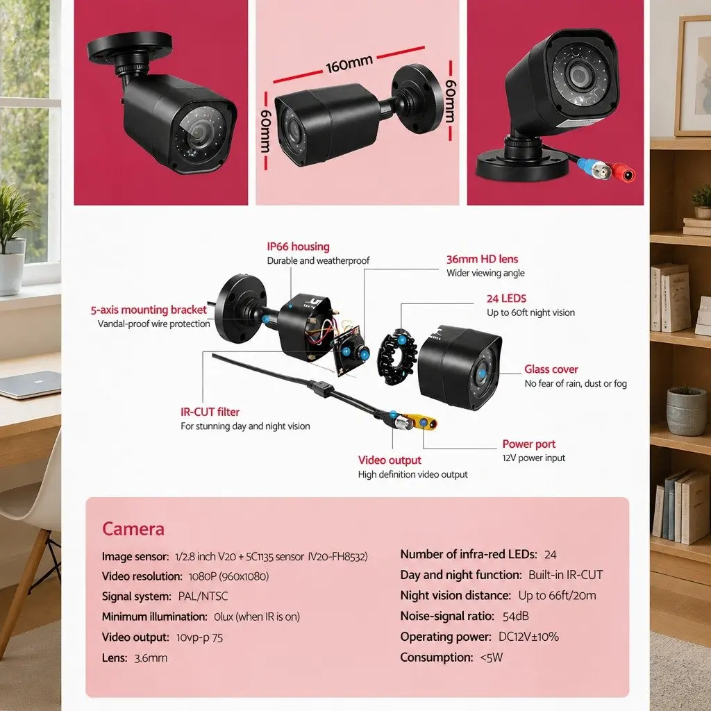 1080P Security Camera System 4CH DVR Night Vision Motion Detection 4 Cameras Black