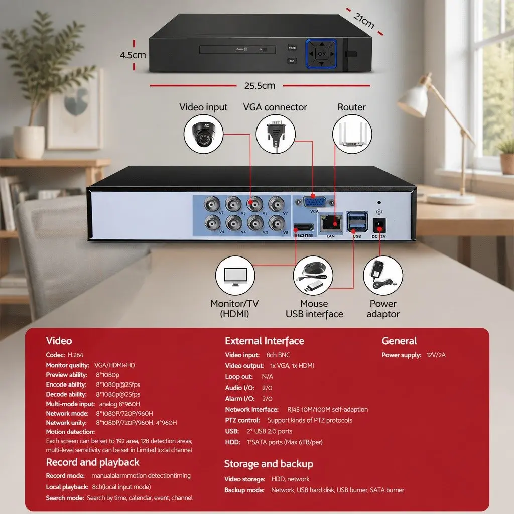 8 Channel 1080P CCTV Security Camera System Indoor Home Surveillance Black